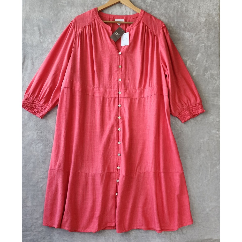 J. Jill Dress Size XL Linen Blend Button Smocked Tiered Guava Pink NWT 291691